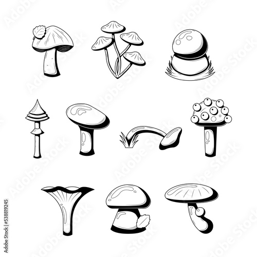 Set Abstract Collection Black Simple Line Mushroom Doodle Outline Element Vector Design Style Sketch Isolated On White Background Illustration Nature Food