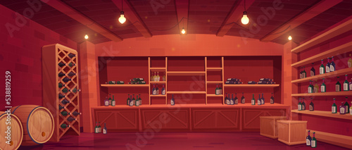Wine shop, cellar interior with bottles on wooden shelves and rack, barrels and boxes with alcohol production. Store showcase, room with glowing lamps, building basement, Cartoon vector illustration