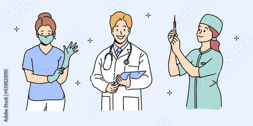 Set with smiling doctors and nurses in uniform. Collection portrait of happy nurse and surgeon in clinic or hospital. Concept of medical personnel and medicine. Vector illustration in hand drawn style