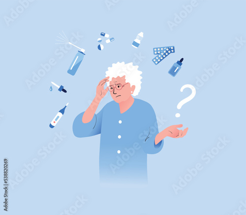 Senior Woman Worried About Taking Medicine Pills. Cartoon People Vector Illustration