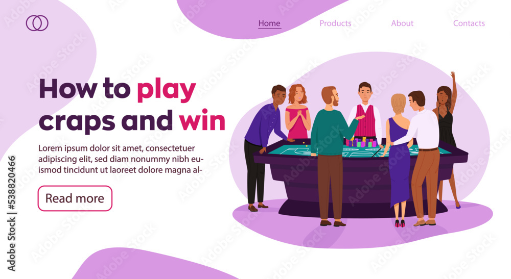 Obraz premium People play craps game web banner. Casino, gaming house flat vector illustration. Happy people characters. Casino interior decor. Gambling industry. For design casino web sites.