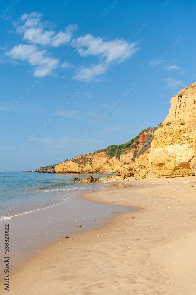 Maria Luisa beach with rock formation in Albufeira, Algarve, Portugal.
