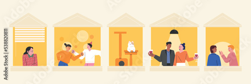 Neighbors seen through apartment windows. flat vector illustration.