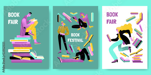 A set of book fair flyer templates with people reading books and a girl carrying a stack of books. Illustrations of a book festival or a sale in a bookstore.
