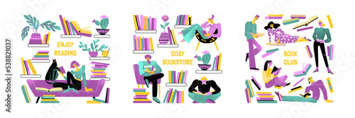 Collection of illustrations with people reading books. Images for banners of a reading club or a cozy bookstore.