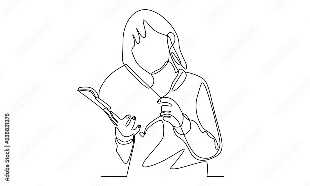 continuous line of standing woman reading book continuous line of standing woman reading book