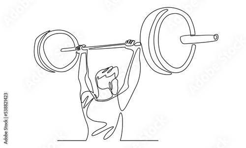 continuous line drawing of young strong weightlifter man preparing for barbell workout
