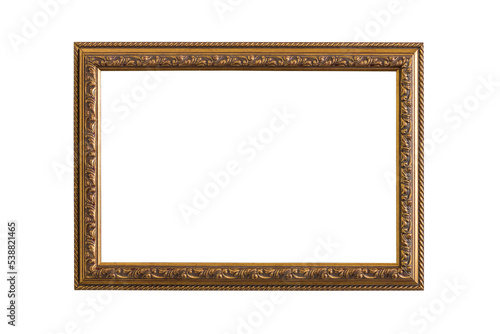 Antique wooden frame with patterned carved figures for paintings or photographs with gilding, highlighted on a white background. Blank for the designer.