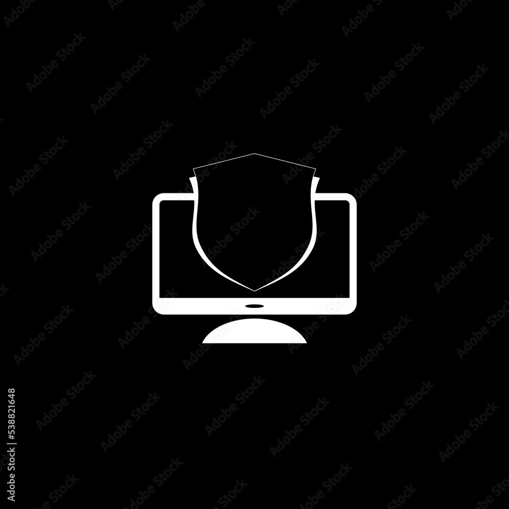 Computer monitor and shield icon isolated on dark background Computer monitor and shield icon isolated on dark background