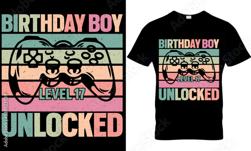 birthday boy level 17 unlocked. gaming typography t-shirt design with editable vector graphics.