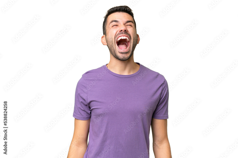 Fototapeta premium Young handsome caucasian man over isolated background shouting to the front with mouth wide open