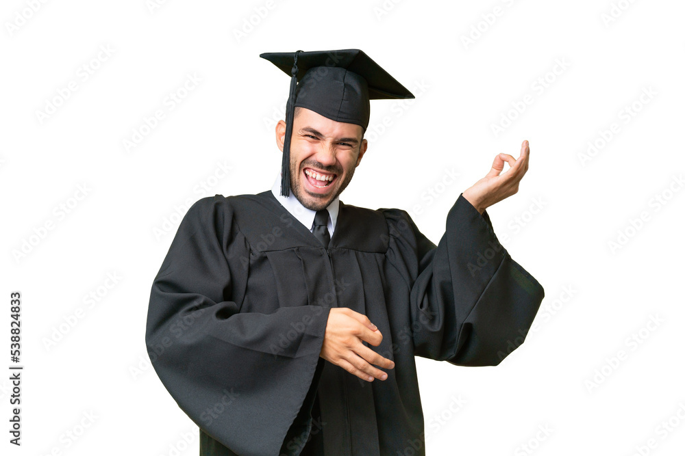 Young university graduate man over isolated background making guitar gesture Young university graduate man over isolated background making guitar gesture