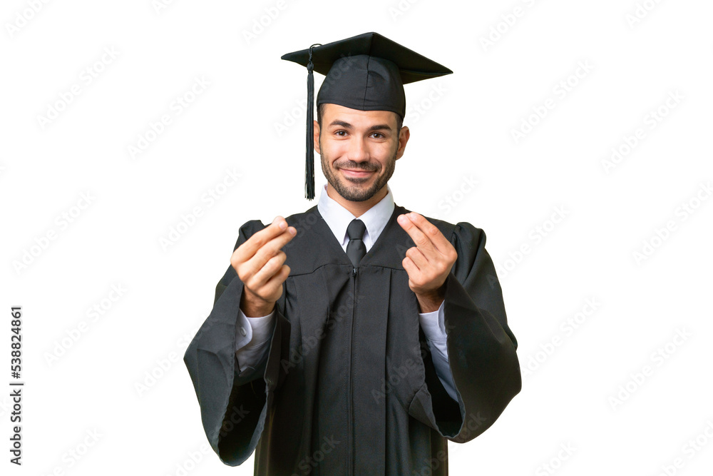 Young university graduate man over isolated background making money gesture Young university graduate man over isolated background making money gesture