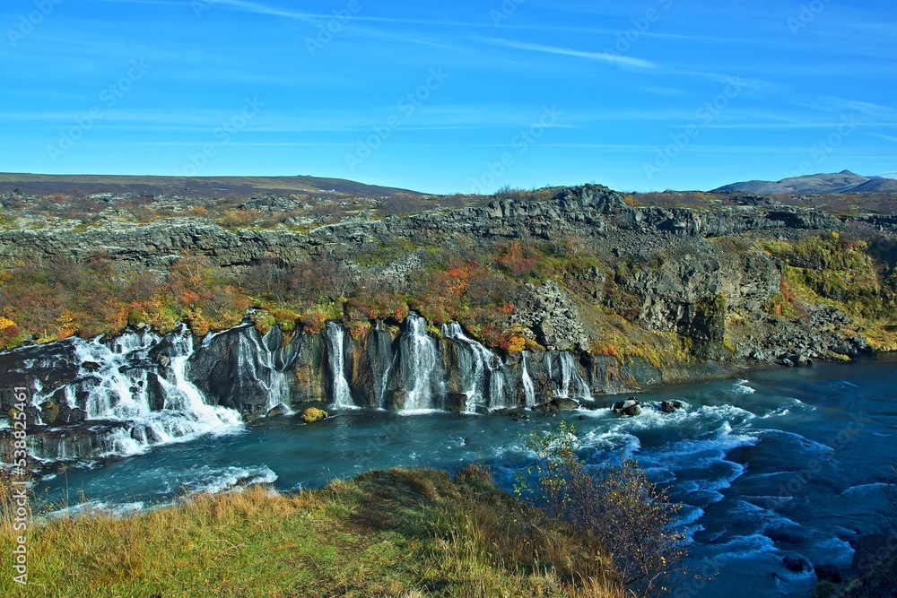 Iceland-view of river Hvítá and waterfalls Hraunfossar in lava