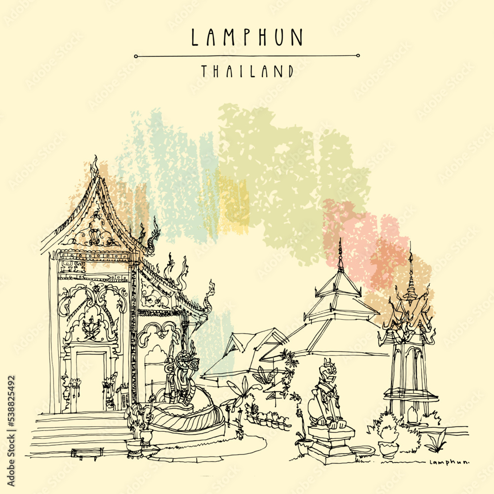 Obraz premium Vector Lamphun, Thailand Postcard. Wat Mahawan Woramahawihan, old Buddhist temple. Royal monastery over 1,300 years old built by Queen Chamadevi. Hand drawn vintage touristic postcard