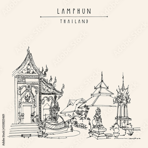 Vector Lamphun, Thailand Postcard. Wat Mahawan Woramahawihan, old Buddhist temple. Royal monastery over 1,300 years old built by Queen Chamadevi. Hand drawn vintage touristic postcard