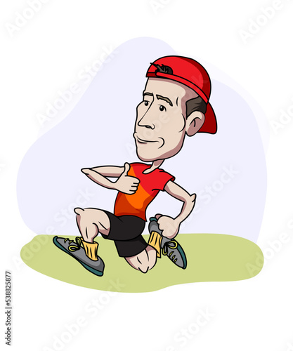Cartoon runner caricature art sportsman in a red t-shirt running in a competition. Poster idea concept illustration