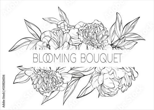 Floral composition with peonies and a place for an inscription. Design element with floral pattern. Elegant decorative design. Vector design template. Flowers background.