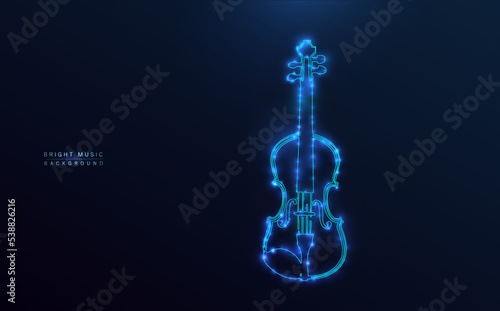Starry cello. Icon musical instrument: blue neon, stars and globes of light. Symbol outline design, dotted and glittering against a dark blue background.