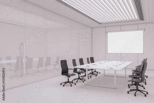 Modern concrete office meeting room interior with blank white mock up frame on wall, furniture, daylight, and equipment. Workplace and corporate concept. 3D Rendering.