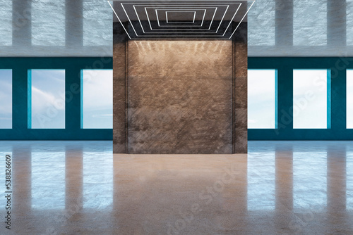 Front view on blank dark brown stone partition with space for poster or frame in empty area with blue sky view from windows and glossy marble floor. 3D rendering, mockup