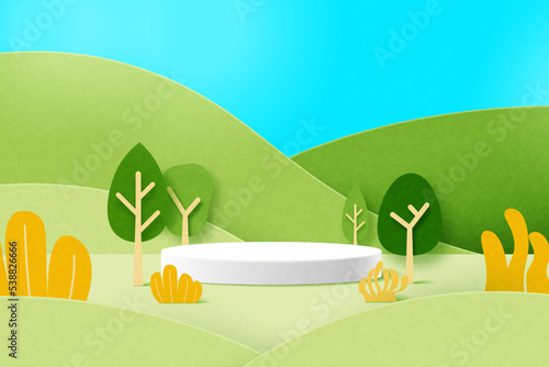 3D cylinder podium on green nature mountains landscape background.Paper art style, Vector illustration.