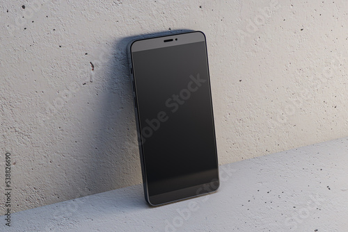 Close up of empty black mock up smart phone on light wall background. Mobile app concept. 3D Rendering. photo