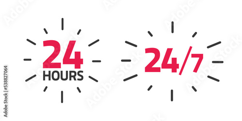 24 x 7 hours open service icon label red vector or working hrs time in a week badge sign illustration, business day support or assistance graphic image