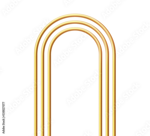 Golden realistic arch. Gold 3d arch frame. Shiny doorway. Blank portal design element. Vector illustration isolate on white background.