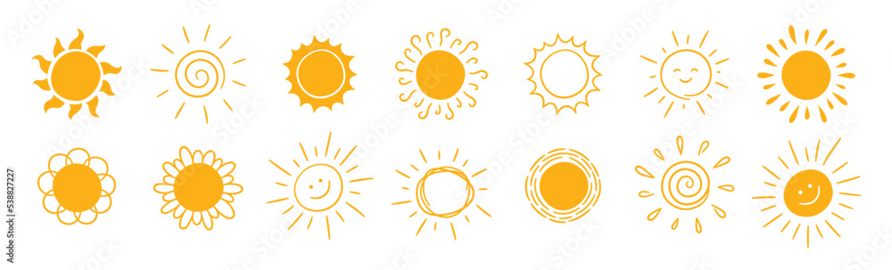 Doodle different sun icons set. Scribble yellow sun with rays symbols. Doodle children drawings collection. Hand drawn burst. Hot weather sign. Vector illustration isolated on white background. - obrazy, fototapety, plakaty 