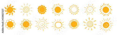 Doodle different sun icons set. Scribble yellow sun with rays symbols. Doodle children drawings collection. Hand drawn burst. Hot weather sign. Vector illustration isolated on white background.