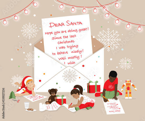 Diverse kids write wish lists to Santa Claus at big abstract envelope with the letter, big snowflakes, garland, confetti. Anticipation of Christmas miracle, sharing dreams concept vector illustration.