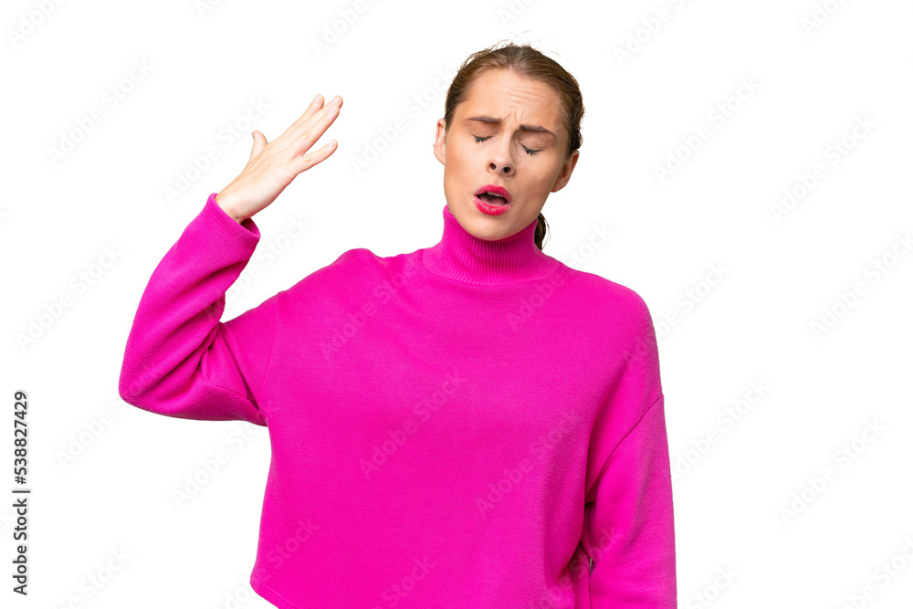 Young caucasian woman over isolated background with tired and sick expression Young caucasian woman over isolated background with tired and sick expression