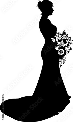 A woman bride in a bridal wedding dress in a silhouette