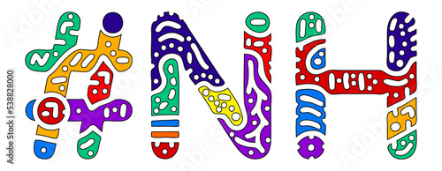 NH Hashtag. Multicolored bright isolate curves doodle letters. Hashtag #NH is abbreviation for the US American state New Hampshire for social network, web resources, mobile apps.