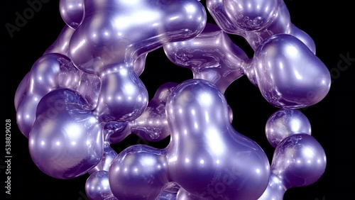 Abstract artistic surreal object based on metabolic spheres in the process of fusion. Fluid morphing. Scattering, merging and overflowing of a liquid that deforms organic molecules