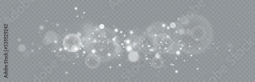 Particles of white magic dust. Shining light particles.Christmas glitter particles. Light effect on a transparent background.
