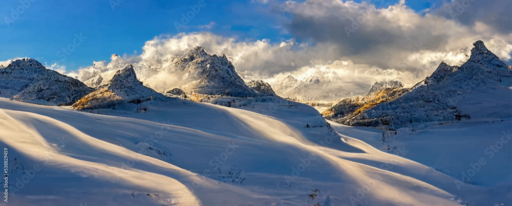 breathtaking winter scenery with lots of snow, mountains