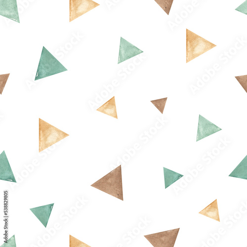 Watercolor seamless pattern with mint flags, hand painted green and beige triangles for children's textiles, prints