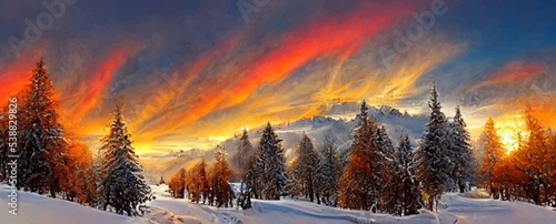 fantastic winter landscape during sunset, colorful sky.