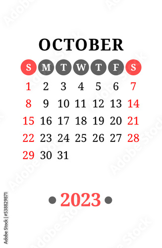 October calendar design 2023 year. English vector wall or pocket calender template. Week starts on Sunday
