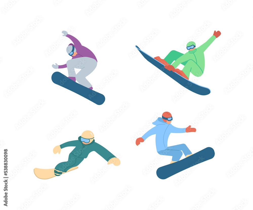 Set of snowboarders with tricks isolated on white