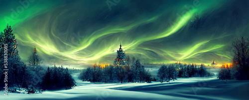 green aurora lights over winter terrain, beautiful.