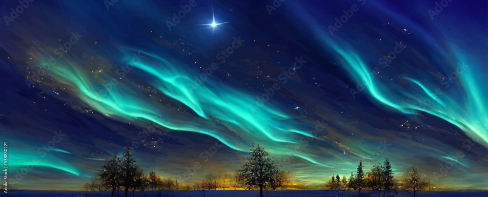 magical sky with aurora and stars  blue northern