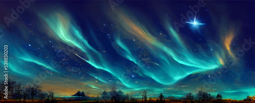 magical sky with aurora and stars  blue northern © Oleksii