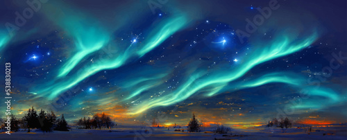 magical sky with aurora and stars blue northern