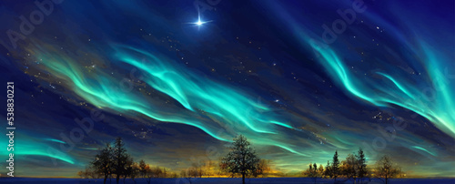 magical sky with aurora and stars  blue northern © Oleksii