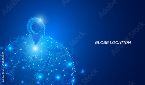 Abstract futuristic blue low poly globe with pin location icon marking point vector. Technology scifi planet earth 3d graphic concept.