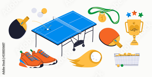 Table tennis equipment set. Balls, rackets, sneakers, cup, medal, board, basket in vibrant colors. Ping pong championship stuff. Vector illustrations for office activity. Pair sport training concept