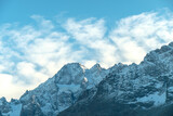snow-covered mountains and clouds in the Alps near La grave. Mountain top near Grenoble